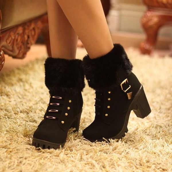 

boots women ankle high thick heels ladies furry plush warm winter zipper platform woman non slip snow, Black