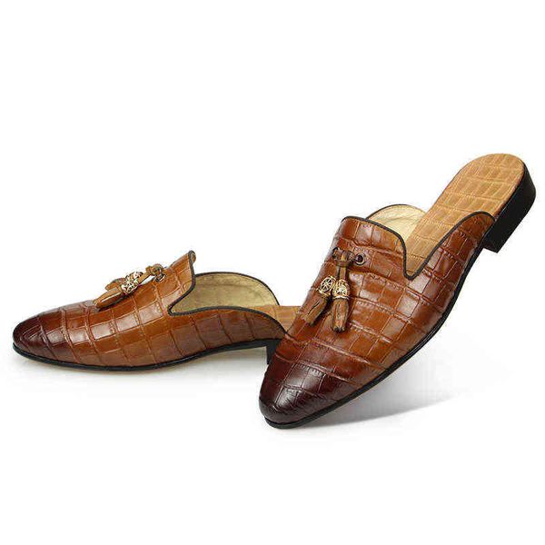 Hausschuhe Halbe Abdeckung Schuhe für Männer Mode Echtes Leder Slipper Hohe Qualität Atmungsaktiv Lässig Bequem Outdoor Quaste Loafer Erwachsene 220302