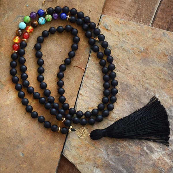

new chakras 108 beads mala matte onyx 7 color stones reiki charm tassel necklace bead knotted meditation yoga necklace dropship 200928, Silver