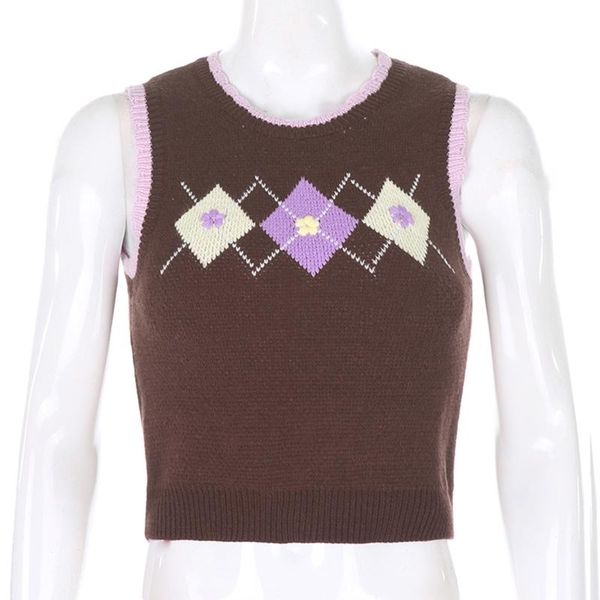 

vintage knitted vest women autumn argyle plaid jacquard sleeveless sweater preppy style o-neck slim fit pullover jumper tank top, Black;white