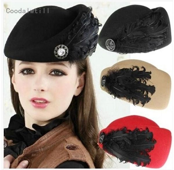 

stingy brim hats elegant wool fascinators fedora women red white black wedding ladies hat feather berets cap pillbox chapeau, Blue;gray