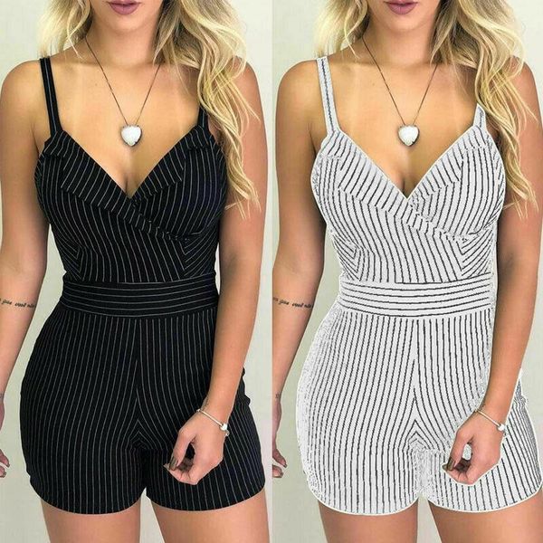 

women's jumpsuits & rompers summer women v-neck striped strappy slim solid elegant bodycon clubwear party jumpsuit playsuit, Black;white