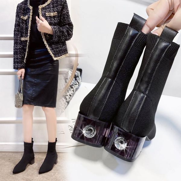 

сапоги женские новые 2020 обувь пинетки дамы низкие каблуки пешеходные обувь зимняя обувь круглый носок средний тельф высокий каблук средний, Black