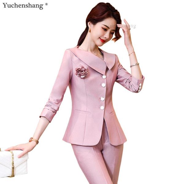 

элегантные s-4xl женские джиулистые костюмы женщины отклоненные воротник блейзер с брюки белый розовый 2 шт. набор для гостиничного офиса ра, White