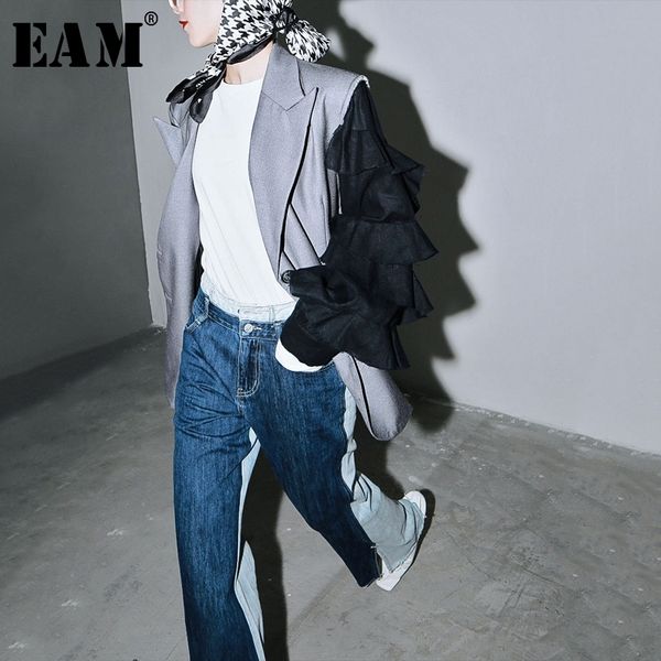 

[eam] women gray contrast color split ruffles blazer new lapel long sleeve loose fit jacket fashion spring autumn 1t270 201102, White;black