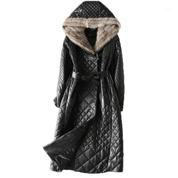 

women's leather & faux winter genune jacket women hooded long genuine sheepskin coat korean manto femme hiver supplier1, Black