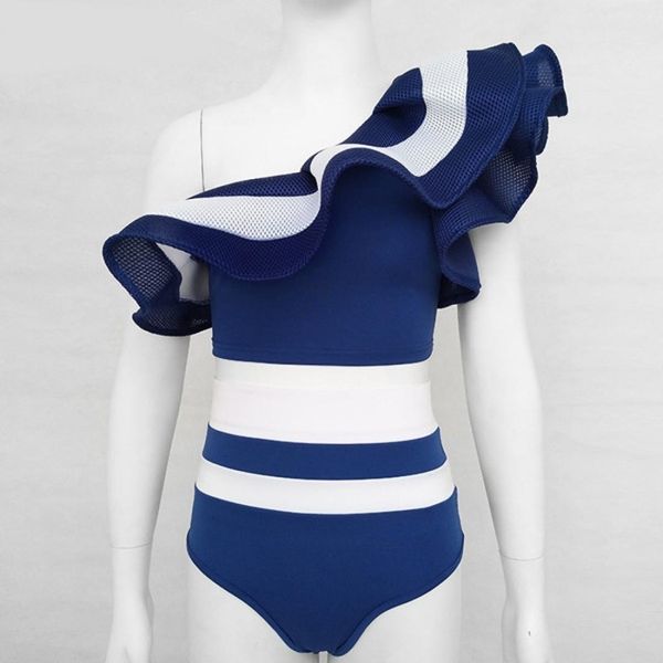 

2 pcs women one-shoulder ruffled striped split bikini swimwear sizes, White;black