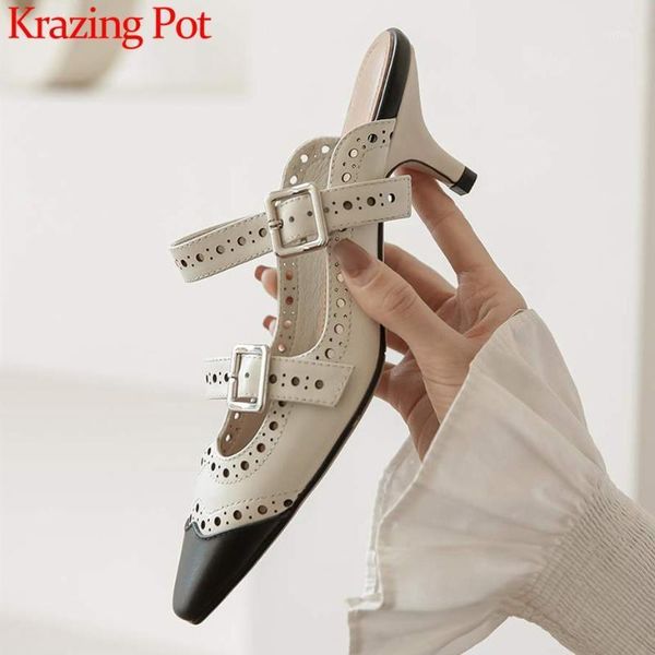 

krazing pot full grain leather small square toe high heels women mules mixed colors carving hollow daily wear sandals women l201, Black
