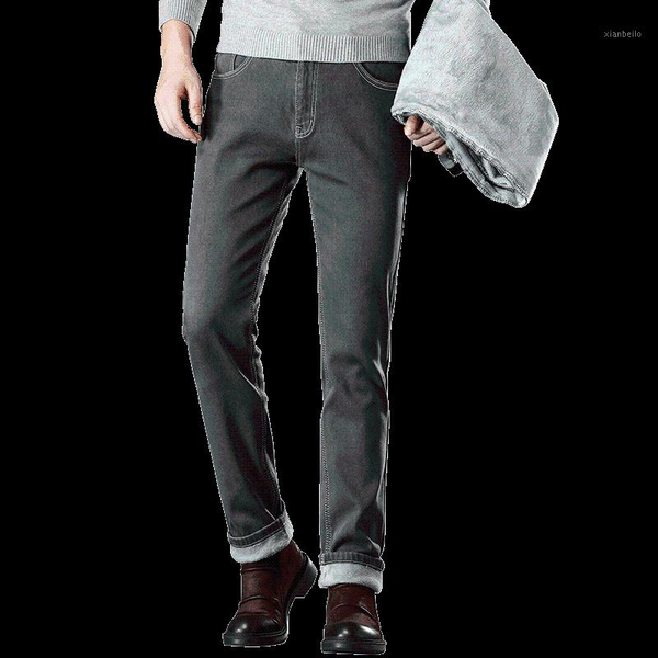 

2020 winter new men's thermal slim jeans business fashion thick denim stretch men's fleece pants black and gray 28-401, Blue