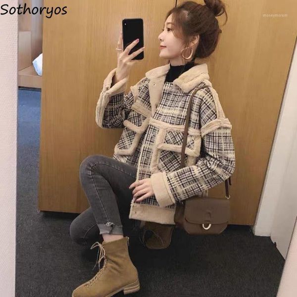 

women's down & parkas short women winter woolen turn-down collar plaid patchwork pockets chic elegant ladies plus velvet korean style o, Black