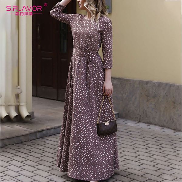 

s.flavor women autumn casual print long dress fashion o neck 3/4 sleeve retro maxi dress ladies winter party vestidos 201125, Black;gray
