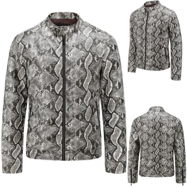 

autumn and winter new style men's leisure washed snakeskin pattern leather coat stand collar printed retro quality coats jacket1, Black