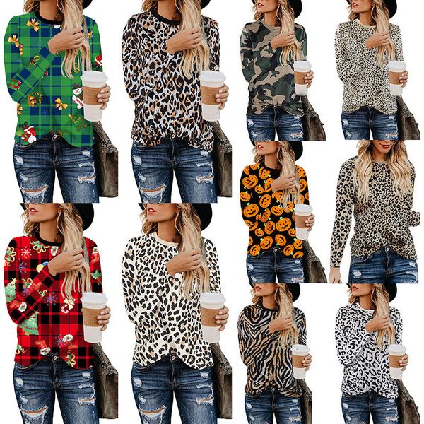 

autumn new popular leopard print womens t-shirt in europe and america round neck long sleeve top, White