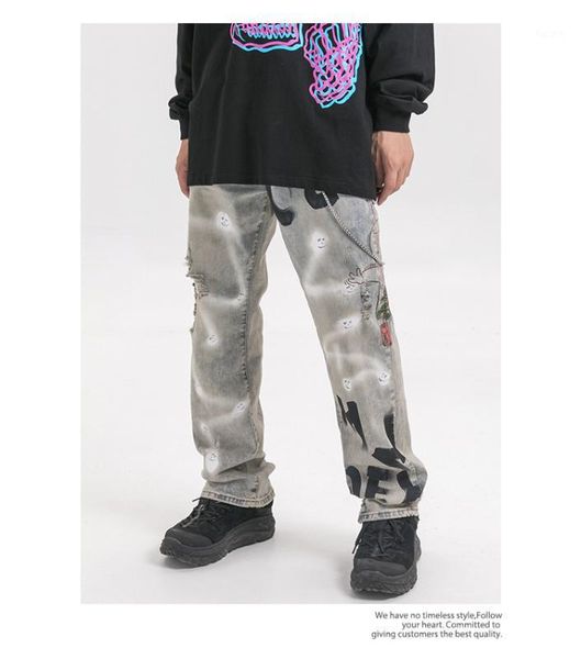 

lawfoo original countries tide high street spraying printing hole do old man jeans trousers of new fund of 2020 autumn winters1, Blue