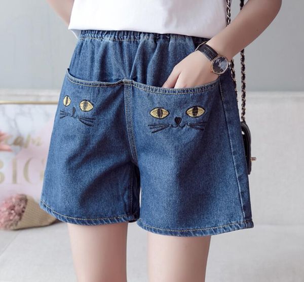 

2021 summer plus size 5xl elastic breeches short women denim women's shorts womanhood cat's head embroidered waist high waistline, White;black