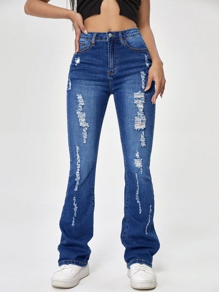 

bleach wash ripped bootcut jeans m00k#, Blue