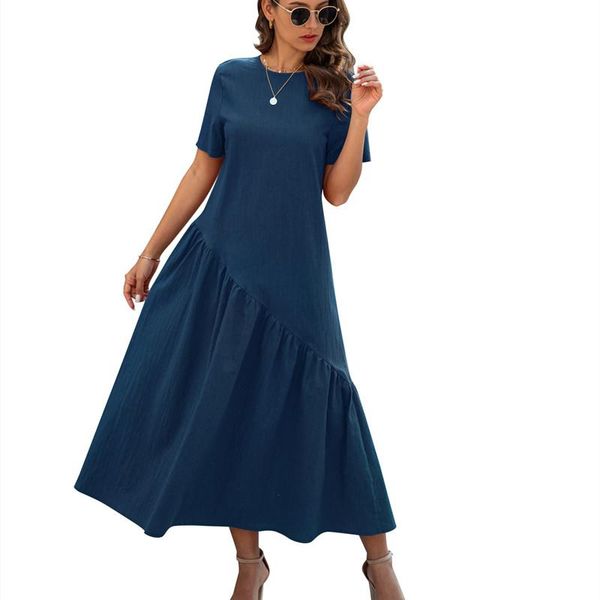 

new casual o-neck short sleeve loose dress summer women long dress fashion boho holiday female solid ruffle cotton dresses, Black;gray