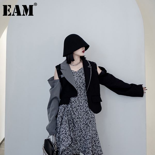 

[eam] loose fit black gray irregular big size short jacket new lapel long sleeve women coat fashion spring autumn 1da464 201026, Black;brown