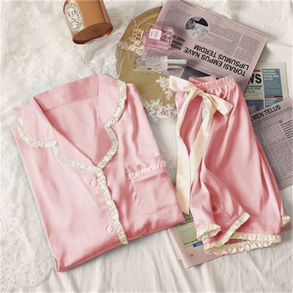 Cetim Pamas verão Pijama de seda de roupas de dormir rosa com shorts Duas peças conjuntos de roupas de noite bonitas