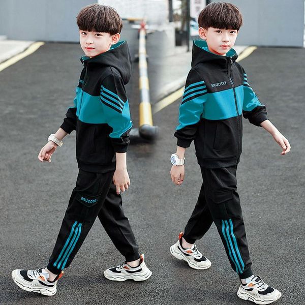 

осень зима мальчики костюмы детская одежда комплекты хлопок куртки брюки + 2рс спортивный костюм дети одежда костюмы обмундирование 9-15 лет, Black;blue