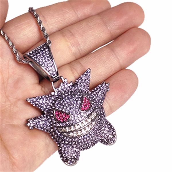 

luxury personality monster elf gengar cartoon micro-inlaid purple color zircon hip hop pendant necklace fashion design, Silver