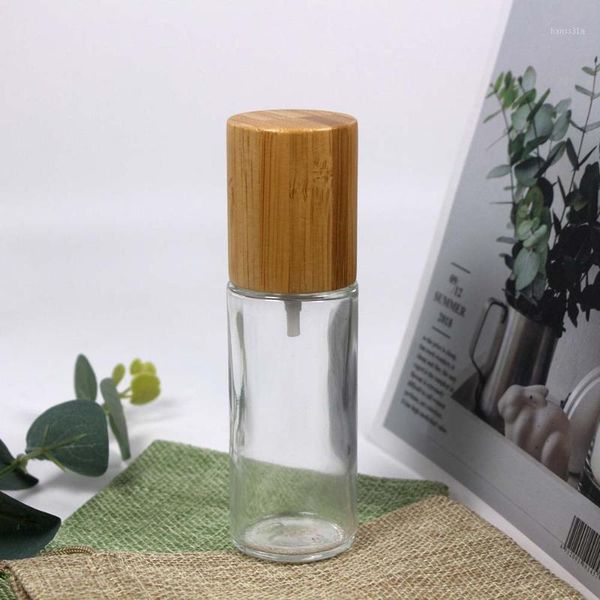 

50ml bamboo transparent cylindrical glass lotion and spray bottle for cosmetics1
