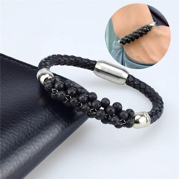 

charm bracelets 1pc/lot fashion lava beads stainless steel magnetic buckle leather bracelet bangle for women men 4mm stone woven bracelet1, Golden;silver