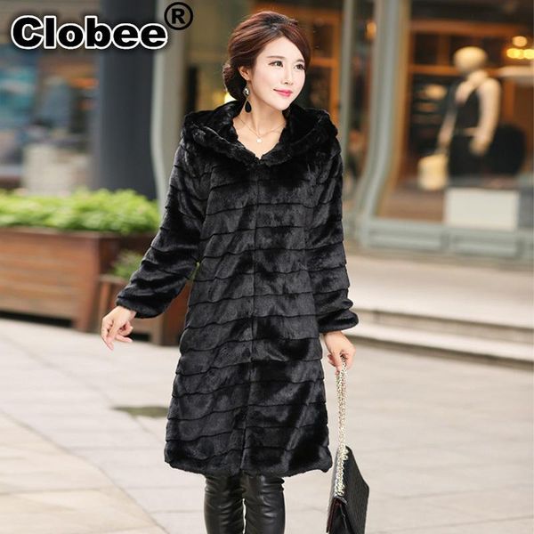 

women's fur & faux artificial coat jacket winter long striped black overcoat plus size women clothing with a hood