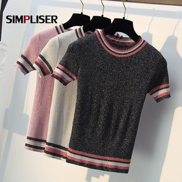 

bling summer tees for women knitted o-neck short sleeve sweaters 2019 ice cool knitting shirts striped casual clothings1, White;black