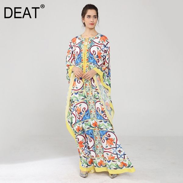 

[deat] floor length seven sleeve multicolor floral print casual loose bow tie elegant thin summer fashion dress women ar699 t200619, White;black