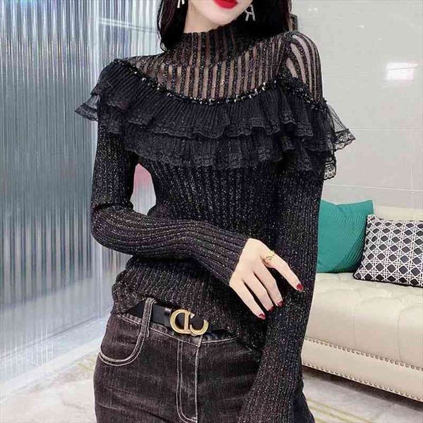

lace ruffle turtleneck vintage knit korean fashion women clothing style bright silk fall winter party sweater, White;black