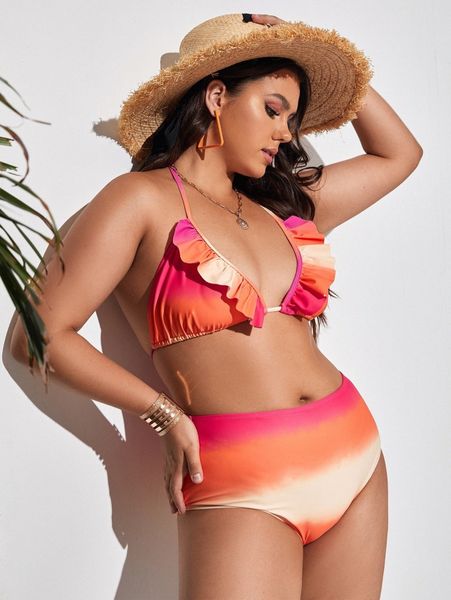 

plus ombre ruffle halter triangle bikini swimsuit q5ch#, Black
