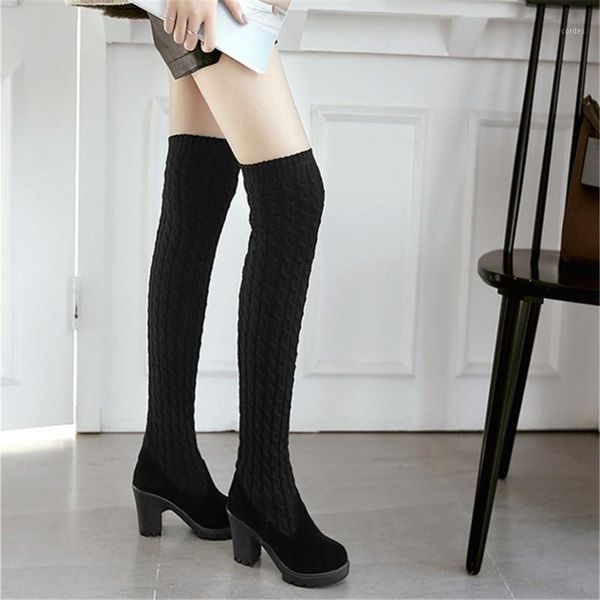 

boots women thigh high heels fashion knitted sock over the knee elegant winter warm 2021 black brown botas1