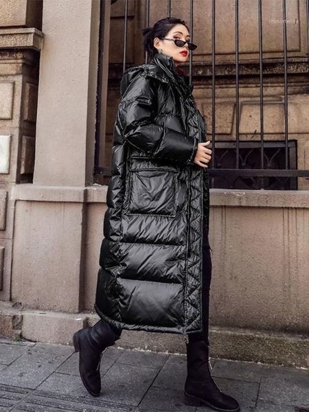 

2019 winter fashion korean long down cotton women's bright jacket loose hooded cotton coat women veste hiver femme1, Black