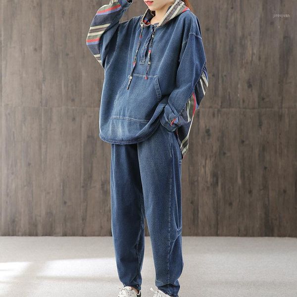 

ewq] 2020 new pattern hooded collar long sleeve denim patchwork patchwork striped vintage two piece set women ak778051, Gray