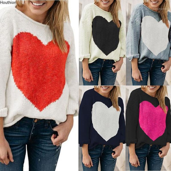 

houthion women's sweater new fashion temperament round neck solid color big love intarsia loose knitted long sleeve sweater1, White;black
