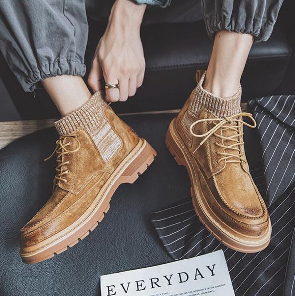 

autumn winter casual men shoes fashion patchwork knitting martin boots for men tide vintage british male army boots, Black