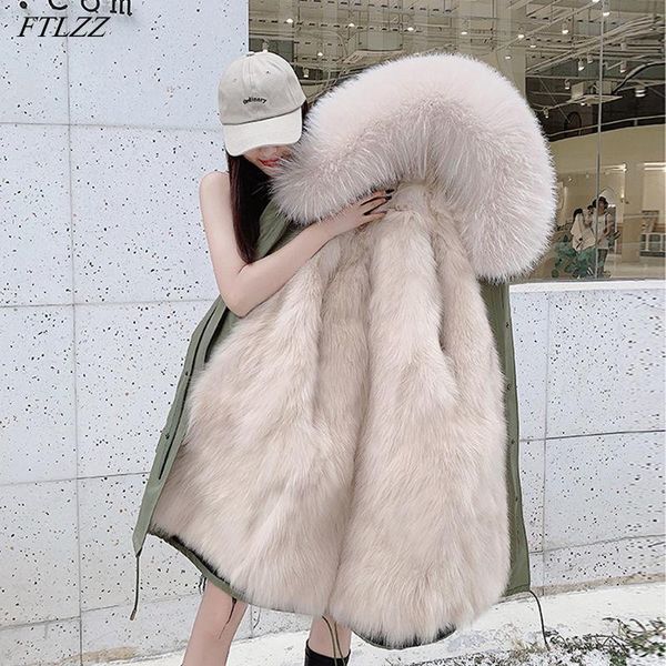 

ftlzz new women and raccoon fur collar hooded long jacket casual loose thick warm snow overcoat removable fur collar coat, Black