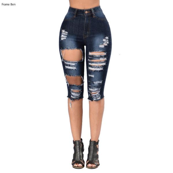 

destroyed jeans women's ripped jeans 2020 summer casual hole leggings keen length pants denim shorts ripped for women, Blue