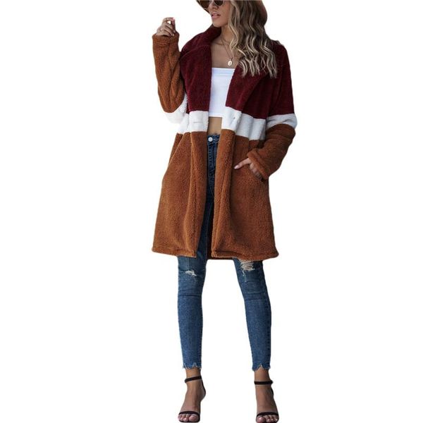 

women's jackets lapel collar women long sleeves soft warm fleece winter autumn coats female loose casual open front outwear femme, Black;brown