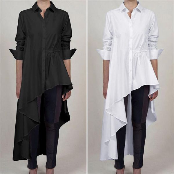

plus size tunic elegant asymmetrical shirts zanzea 2020 womens casual blouse long sleeve female button lapel lace up blusas, White