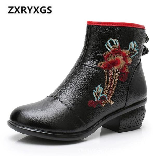 

boots retro handmade embroidery genuine leather 2021 elegant autumn/winter women shoes non-slip comfort, Black