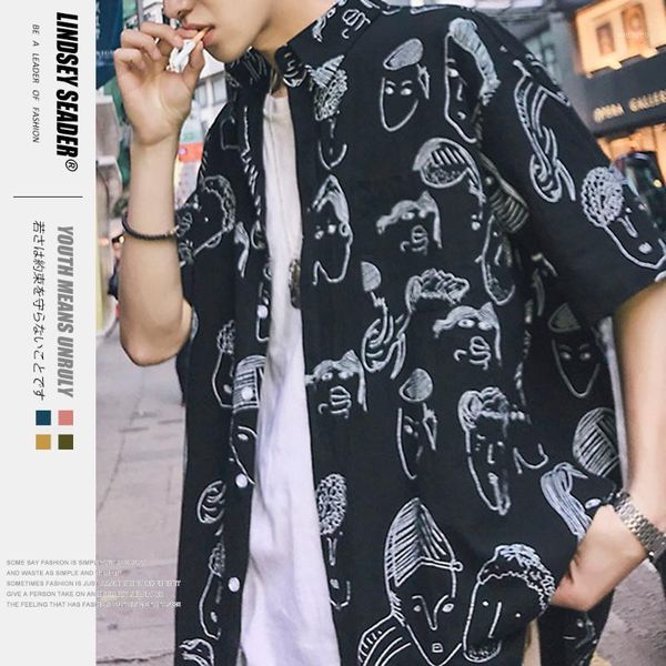 

lindsey seader 2020 hawaiian shirt streetwear men hip hop shirts faces print harajuku beach shirt summer casual 1, White;black