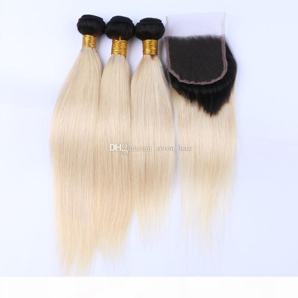 

selling ombre color hair weft 3bundles with closure dark roots 1b 613 straight hair with lace closure 4x4, Black;brown