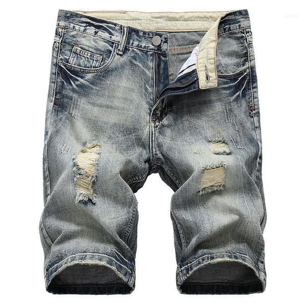 

straight ripped jeans shorts men summer brand new mens stretch short jeans casual streetwear elastic biker denim shorts 29-4211, Blue
