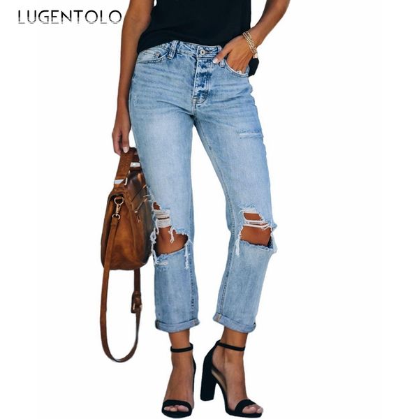 

ripped jeans for women autumn winter new vintage streetwear washed hole straight ankle-length pants lugentolo, Blue