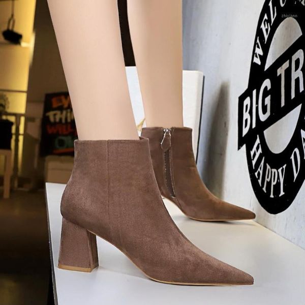 

eoeodoit 6.5 cm high heels boots short ankle fashion square heel pointed toe women autumn winter pointy toe pumps shoes1, Black