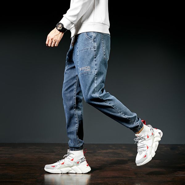 

autumn and winter new fashion brand elastic waist corset harem pants large embroidered tie men's jeans, Blue