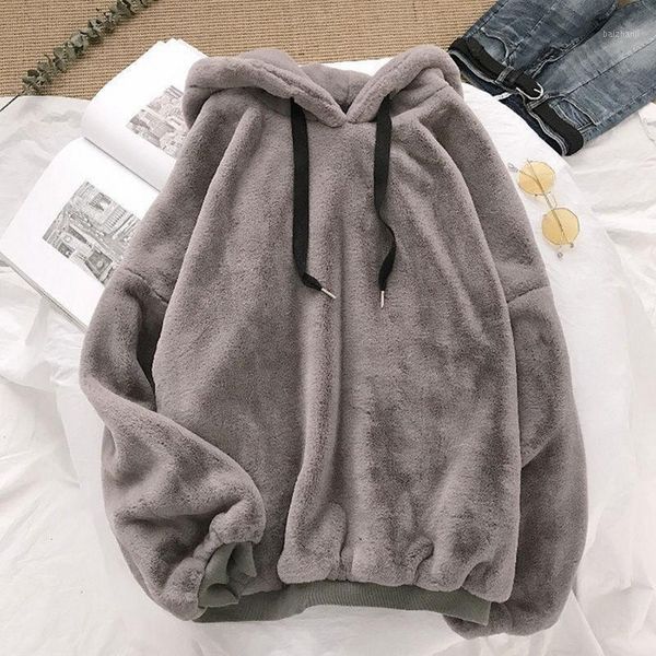 

autumn winter soild jackets sweet hooded harajuku loose casual warm hoodies ladies wool flannel pullover female1, Black