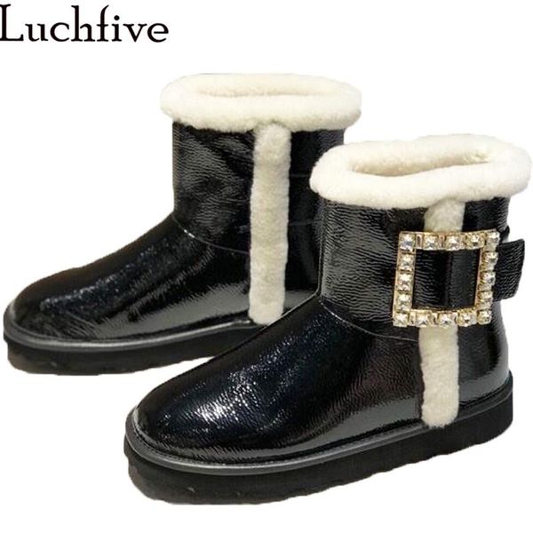 

зимний открытый нескользкую на fur boots снег теплый полумягкие случайные плоские туфли площади кристалл застежка дизайн блестящая кожа боти, Black